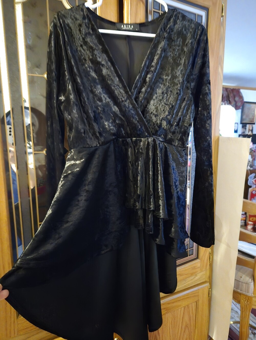 AKIRA Black Velvet Wrap-Front Long Sleeve Dress  Or Top with Ruffle Detail Hilow